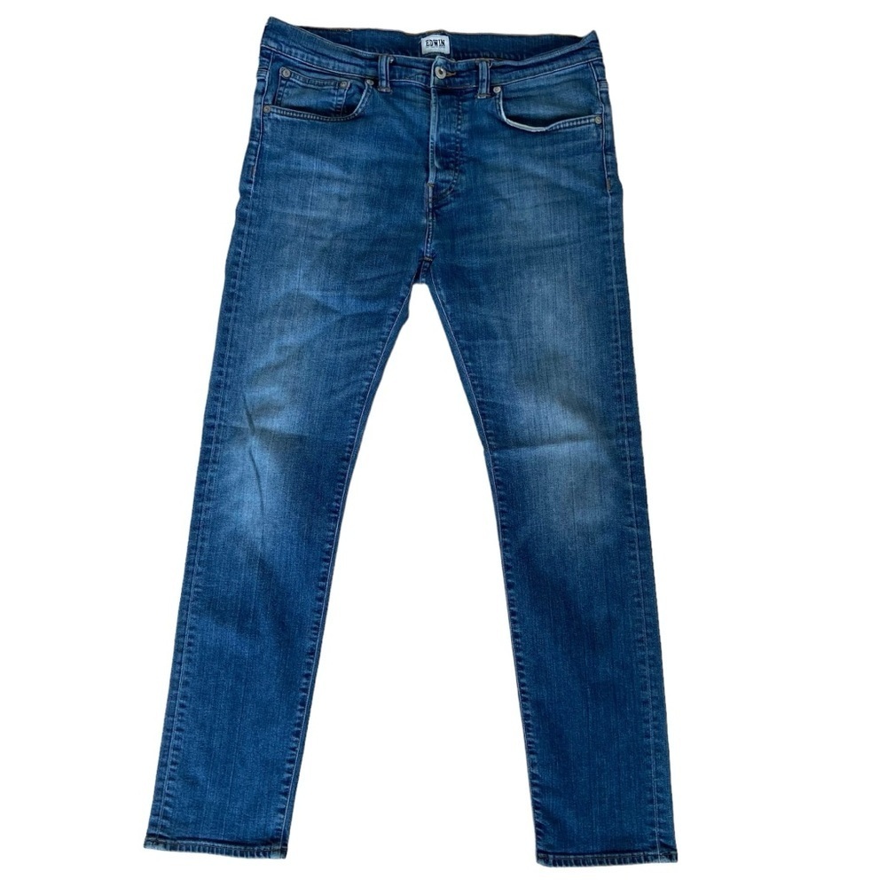 Edwin men blue jeans ED80 slim tapered button fly distressed patch blue size 34